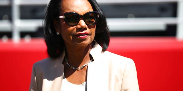 Sept. 16, 2018: Former Secretary of State Condoleezza Rice stands on the sidelines before the start of an NFL football game between the San Francisco 49ers and the Detroit Lions in Santa Clara, Calif. (AP Photo/Ben Margot)