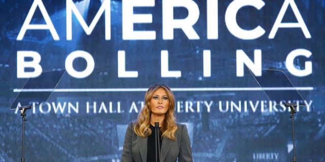 First lady Melania Trump speaking during a town-hall meeting on opioid addiction at Liberty University in Lynchburg, Virginia.
