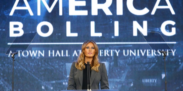 First lady Melania Trump speaking during a town-hall meeting on opioid addiction at Liberty University in Lynchburg, Virginia.