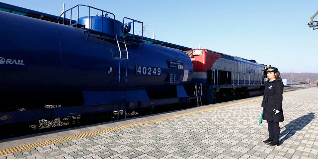 A South Korea train is prepared to travel across the border into North Korea at the Dorasan Station in Paju, South Korea, Friday, Nov. 30, 2018. (Jeon Heon-kyun/Pool Photo via AP)