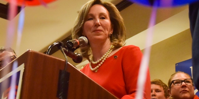 Incumbent Rep. Barbara Comstock delivers her concession speech after being defeated by Democratic state Sen. Jennifer Wexton. (Jahi Chikwendiu/The Washington Post via AP)