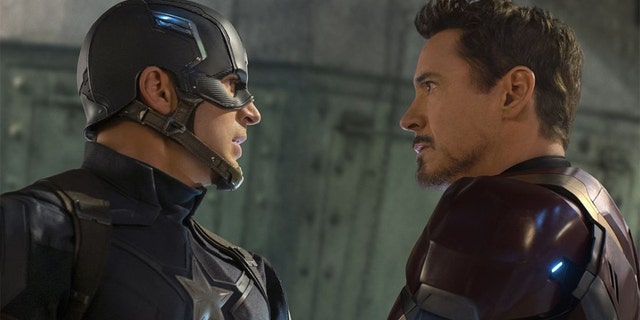 Chris Evans as Captain America and Robert Downey Jr. as Iron Man.