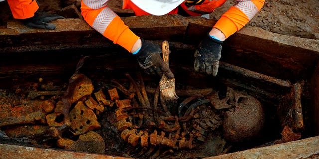 A field archaelogist uses a brush on a skeleton in an open coffin during the excavation of a late 18th to mid 19th century cemetery under St James Gardens near Euston train station in London on November 1, 2018 as part of the HS2 high-speed rail project. (Credit: ADRIAN DENNIS/AFP/Getty Images)