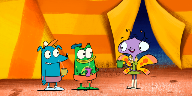 This image released by PBS shows characters, Leo the wombat, from left, Andy the frog and Carmen the butterfly in a scene from the animated series "Let's Go Luna," aimed at children age 4 to 7.