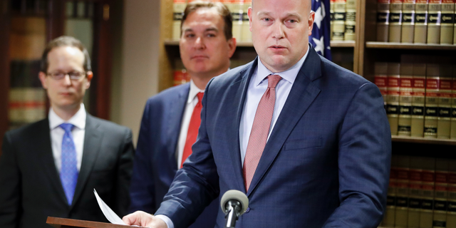 Acting Attorney General Matthew Whitaker speaks during a news conference, Friday in Cincinnati. (AP Photo/John Minchillo)