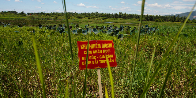 FILE - In this Aug. 9, 2012, file photo, a warning sign stands in a field contaminated with dioxin near Danang airport, during a ceremony marking the start of a project to clean up dioxin left over from the Vietnam War, at a former U.S. military base in Danang, Vietnam. The sign reads; "Dioxin contamination zone - livestock, poultry and fishery operations not permitted." Vietnam and the United States have finished cleaning up dioxin contamination at the airport caused by the transport and storage of the herbicide on and around the area. (AP Photo/Maika Elan, File)