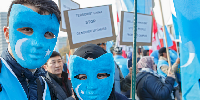 Uyghurs people demonstrate against China during the Universal Periodic Review of China by the Human Rights Council, on the place des Nations in front of the European headquarters of the United Nations, in Geneva, Switzerland. 