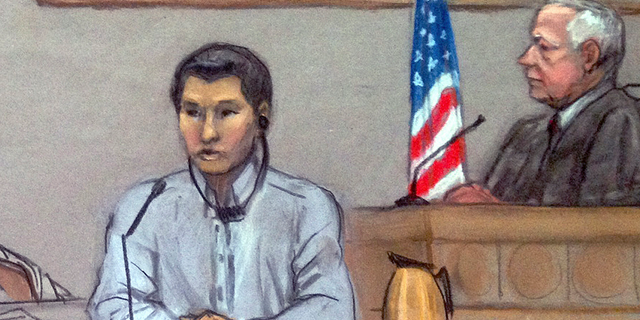 FILE - In this June 2, 2014, file courtroom sketch, Dias Kadyrbayev, left, testifies in federal court in Boston. Kadyrbayev, a native of Kazakhstan and friend of Boston Marathon bombing suspect Dzhokhar Tsarnaev, was deported Oct. 24, 2018, to his native Kazakhstan after he was convicted of concealing evidence in the case. He's been in the custody of the U.S. Immigration and Customs Enforcement in Texas since August 2018. (Jane Flavell Collins via AP, File)
