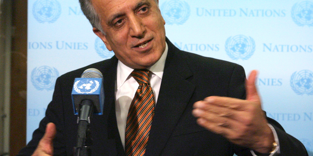 FILE - In this Jan. 5, 2009 file photo, then-U.S. Ambassador to the U.N. Zalmay Khalilzad, speaks to reporters at the United Nations headquarters. Taliban officials said Monday, Nov. 12, 2018 that Pakistan has released Abdul Samad Sani, a U.S.-designated terrorist who served as the Afghan Central Bank governor during the militants' rule, along with a lower-ranking commander named Salahuddin. It came as U.S. envoy Zalmay Khalilzad launched a second tour of the region, with stops in Pakistan, Afghanistan, the United Arab Emirates as well as Qatar, where the Taliban maintain a political office. (AP Photo/Mary Altaffer, File)