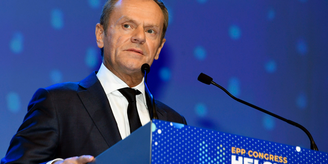 The President of the European Council Donald Tusk speaks at the European People's Party (EPP) congress in Helsinki, Finland, Thursday Nov. 8, 2018. The EPP, the group uniting Europe's center-right parties, has been wringing its hands over whether to keep Hungarian Prime Minister Viktor Orban and Fidesz in the fold or cut them loose before European Parliament elections in May. (Markku Ulander/Lehtikuva via AP)