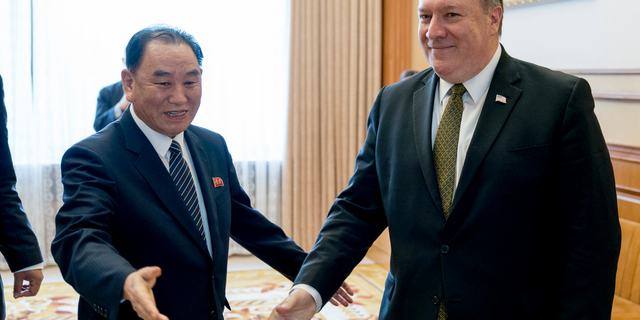 FILE - In this July 7, 2018, file photo, U.S. Secretary of State Mike Pompeo, right, and Kim Yong Chol, a North Korean senior ruling party official and former intelligence chief, arrive for a lunch at the Park Hwa Guest House in Pyongyang, North Korea. Secretary of State Pompeo will be traveling to New York on Thursday, Nov. 8, 2018, to meet with his North Korean counterpart, Kim Yong Chol. (AP Photo/Andrew Harnik, Pool, File)