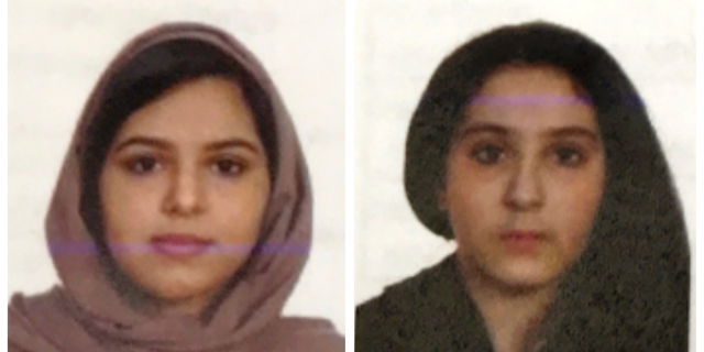 FILE - These two undated file photos provided by the New York City Police Department (NYPD) show sisters Rotana, left, and Tala Farea, whose fully clothed bodies, bound together with tape and facing each other, were discovered on on the banks of New York City's Hudson River waterfront on Oct. 24, 2018. The apparent suicide the sisters highlights the often secretive and risky attempts by Saudi women trying to flee abusive families. (NYPD via AP, File)