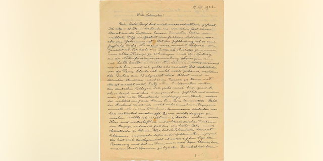This undated photo released by the Kedem Auction House, shows a copy of a 1922 letter Albert Einstein wrote to his beloved younger sister, Maja. The previously unknown letter, brought forward by an anonymous collector, is set to go on auction next week in Jerusalem with an opening asking price of $12,000. In the handwritten letter, Einstein expressed fears of anti-Semitism long before Nazis’ rise. (Kedem Auction House via AP)