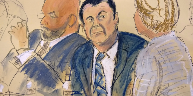 In this courtroom sketch Joaquin "El Chapo" Guzman, center, sits next to his defense attorney Eduardo Balazero, left, for opening statements as Guzman's high-security trial gets underway in the Brooklyn borough of New York, Tuesday, Nov. 13, 2018. Guzman pleaded not guilty to charges that he amassed a multi-billion-dollar fortune smuggling tons of cocaine and other drugs in a vast supply chain that reached New York, New Jersey, Texas and elsewhere north of the border. The infamous Mexican drug lord has been held in solitary confinement since his extradition to the United States early last year. (Elizabeth Williams via AP)