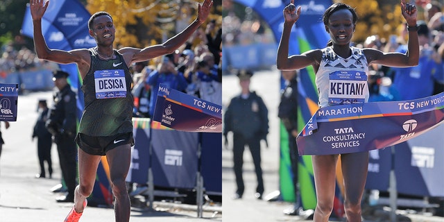 Lelisa Desisa, of Ethiopia, crosses the finish line first in the men's division of the New York City Marathon (left). Mary Keitany(right) of Kenya finished first in the women's division of the race, her fourth time winning.