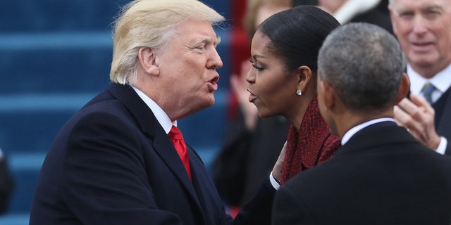 President-elect Donald Trump greets outgoing first lady Michelle Obama on Jan. 20, 2017.