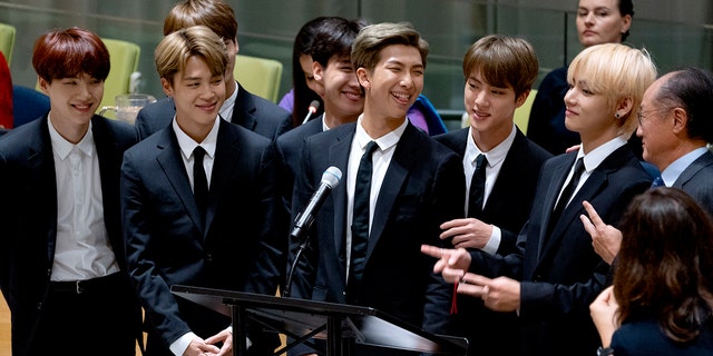 FILE - In this Sept. 24, 2018, file photo, members of the Korean K-Pop group BTS attend a meeting at the U.N. high level event regarding youth during the 73rd session of the United Nations General Assembly, at U.N. headquarters. The 7 members -- Jin, Suga, J-Hope, RM, V, Jimin and Jung Kook -- celebrated the band's 9-year-anniversary at this year's Festa.