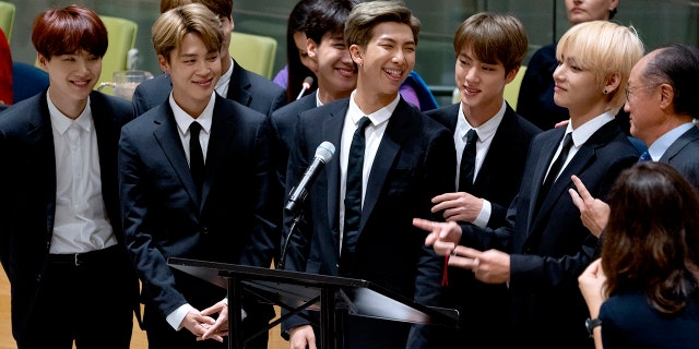 FILE - In this Sept. 24, 2018, file photo, members of the Korean K-Pop group BTS attend a meeting at the U.N. high level event regarding youth during the 73rd session of the United Nations General Assembly, at U.N. headquarters. The 7 members -- Jin, Suga, J-Hope, RM, V, Jimin and Jung Kook -- celebrated the band's 9-year-anniversary at this year's Festa.