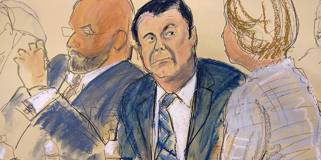 Joaquin "El Chapo" Guzman, center, sits next to his defense attorney Eduardo Balarezo, left, for opening statements as Guzman's high-security trial gets underway in the Brooklyn borough of New York, Tuesday, Nov. 13, 2018. (Elizabeth Williams via AP)