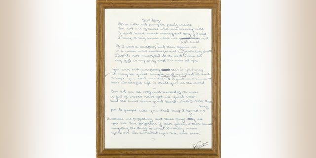 From 1970, Bernie Taupin's original lyrics to "Your Song," Elton John's first hit mega-hit. (Courtesy: Bonhams international auctioneers.)
