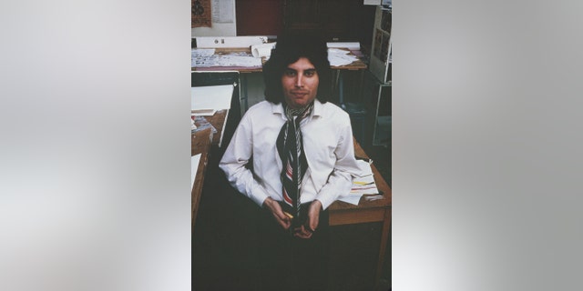 Freddie Mercury from English rock group Queen posed at Ealing Art College in London in 1969.