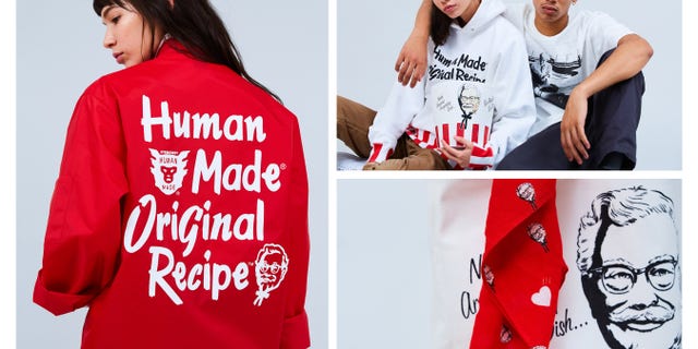 The Human Made x KFC Capsule Collection includes a Colonel shop jacket, 70s style racing jacket, hoodies, t-shirts and more ranging from $20 to $375.