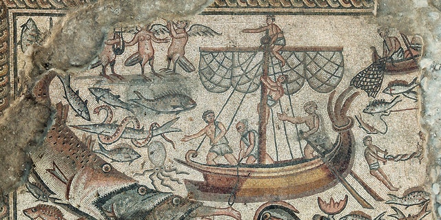 A mosaic depicting Jonah being swallowed by a fish.