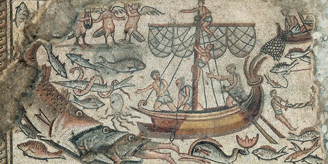 A mosaic depicting Jonah being swallowed by a fish.