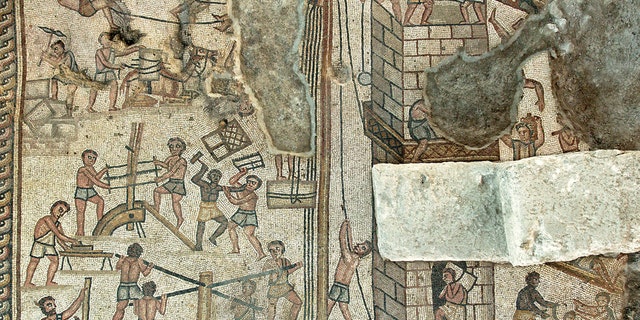 Mosaic depicting the building of the Tower of Babel, Huqoq synagogue. (Jim Haberman, Courtesy UNC-Chapel Hill)