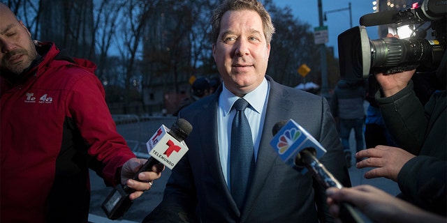 Joaquin Guzman's defense attorney Jeffrey Lichtman speaks to reporters as he leaves Brooklyn Federal court after opening arguments in the trial of the Mexican drug lord known as "El Chapo," Tuesday, Nov. 13, 2018, in New York. (AP Photo/Mary Altaffer)