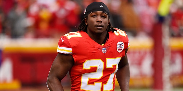 Running back Kareem Hunt, #27 of the Kansas City Chiefs, runs to the sidelines just before kickoff in the game against the Miami Dolphins at Arrowhead Stadium on December 24, 2017 in Kansas City, Missouri. 