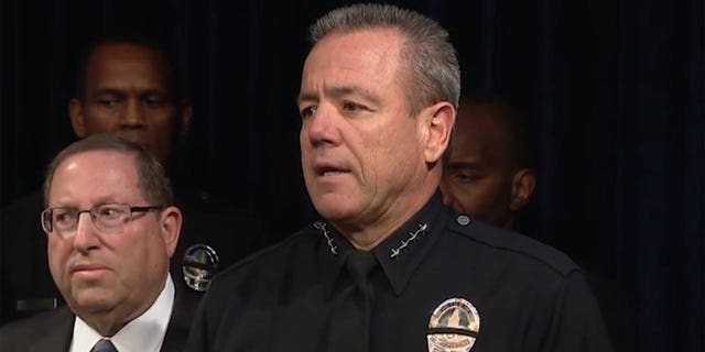 LAPD Chief Michel Moore speaks to reporters in an undated photo. (FOX 11 Los Angeles)