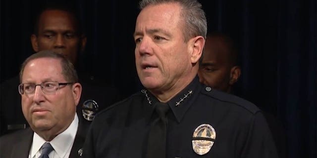 LAPD Chief Michel Moore speaks to reporters in an undated photo. (FOX 11 Los Angeles)