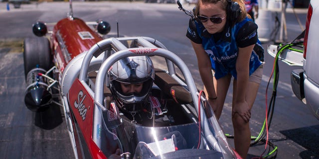 Kat Moller (in car) at the Maryland International Raceway in Mechanicsville, MD on June 18, 2015.