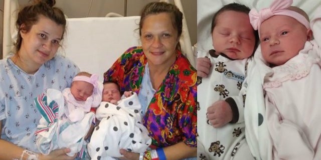 Haley Buxton, 24, holds newborn daughter Aubree, while Buxton's mother, Amanda Stephens, holds son Landon.