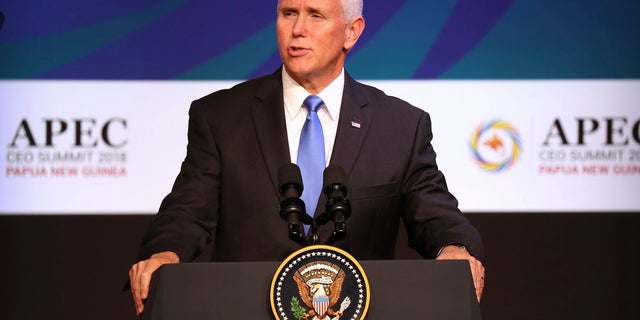 Vice President Mike Pence speaks Saturday at the APEC CEO Summit at the Pacific Explorer cruise ship docked in Port Moresby, Papua New Guinea.