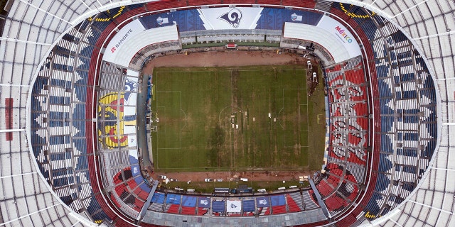 Mexico's Azteca Stadium is seen from above in Mexico City, Tuesday, Nov. 13, 2018. The NFL has moved the Los Angeles Rams' Monday night showdown with the Kansas City Chiefs from Mexico City to Los Angeles due to the poor condition of the field at Azteca Stadium.