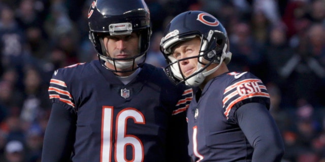 Chicago Bears kicker Cody Parkey (1) reacts as he talks to holder Pat O'Donnell (16) after missing a field goal during the second half of an NFL football game against the Detroit Lions Sunday, Nov. 11, 2018, in Chicago.