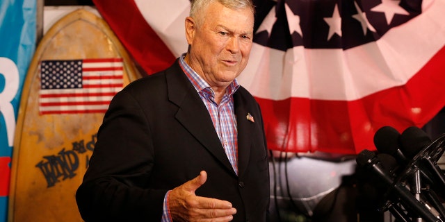 U.S. Rep. Dana Rohrabacher, R-Costa Mesa, addresses members of the media and supporters waiting for election results at the Skosh Monahan's Irish Pub in Costa Mesa, Calif., Tuesday, Nov. 6, 2018. (Associated Press)