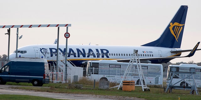 A Ryanair plane sits on the tarmac at the Bordeaux-Merignac airport in southwestern France on Friday after being impounded by French authorities. 
