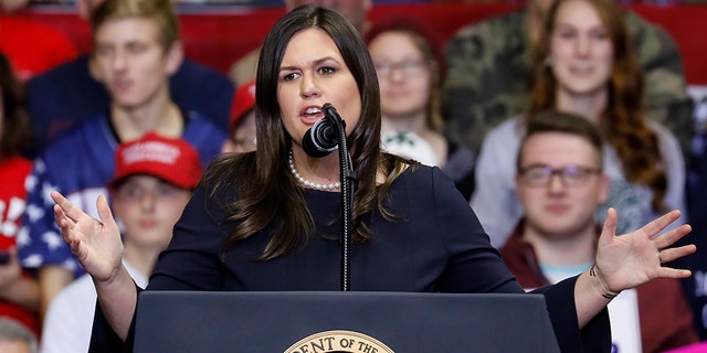   White House press secretary, Sarah Huckabee Sanders, speaks at a campaign rally for Republican Senate candidate Mike Braun, in the presence of President Trump, at the Fort County War Memorial Coliseum Wayne, in Indiana. 