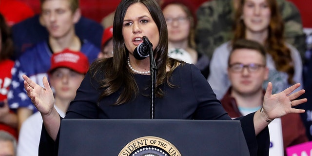 White House Press Secretary Sarah Huckabee Sanders speaks during a campaign rally for Republican Senate candidate Mike Braun and attended by President Trump at the County War Memorial Coliseum in Fort Wayne, Indiana.