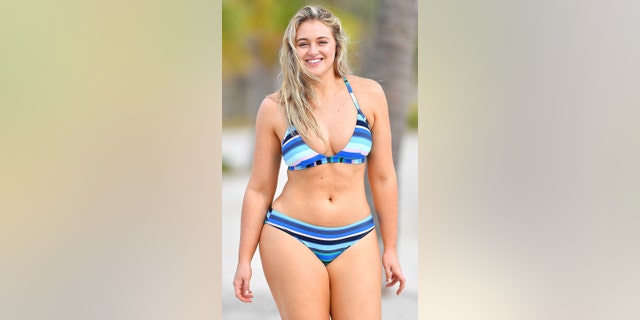 British model Iskra Lawrence wore a blue swimsuit during a photo shoot in Key Biscayne, Florida.