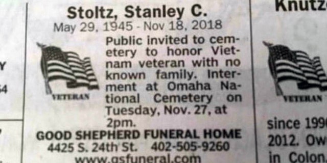 The Omaha World-Herald funeral notice for Stanley Stoltz.