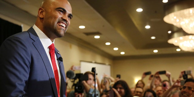 Democratic candidate Colin Allred speaks to supporters during an election night party after he was projected to win the Texas 32nd U.S. congressional house district at the Magnolia Hotel Dallas Park Cities in Dallas.