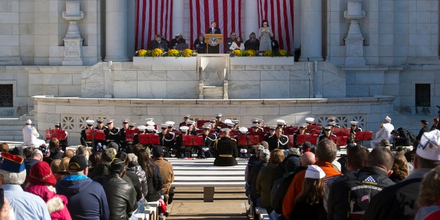 Secretary of Veterans Affairs Robert Wilkie speaks during the National Veterans Day Observance at Arlington National Cemetery in Arlington, Va., Sunday, Nov. 11, 2018. (AP Photo/Cliff Owen)