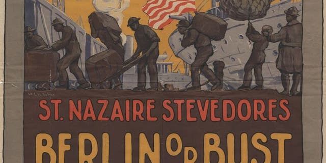 A poster depicting African-American soldiers in an Army stevedore company working on the docks of the French port of St. Nazaire.