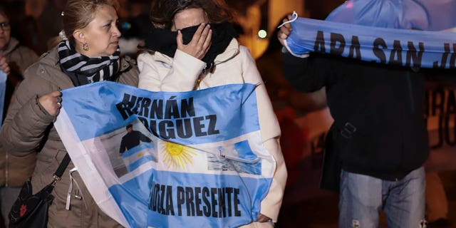 Members of the crew of the submarine ARA San Juan in the arms of the naval base of Mar del Plata, Argentina, Saturday, November 17, 2018. The Argentine Navy announced Saturday morning that she had located the submarine vanished ARA San Juan in the Atlantic year after he disappeared with 44 crew members on board.