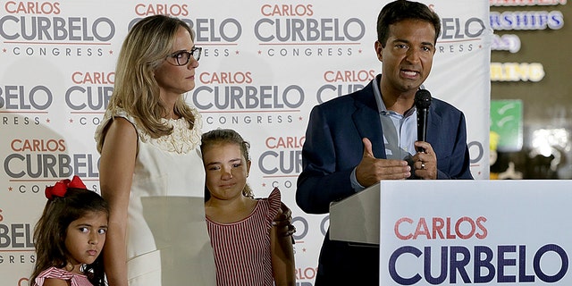U.S. Congressman Carlos Curbelo, Republican incumbent candidate for District #26, with his wife and daughters, right, speaks to supporters as he concedes after losing his seat against Democrat candidate Debbie Mucarsel Powell on Tuesday, Nov. 6, 2018. 