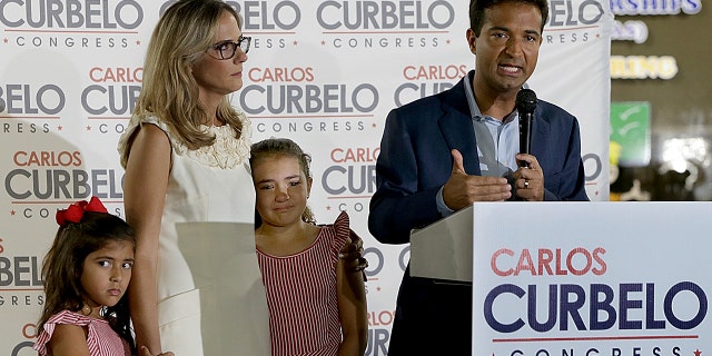 U.S. Congressman Carlos Curbelo, Republican incumbent candidate for District #26, with his wife and daughters, right, speaks to supporters as he concedes after losing his seat against Democrat candidate Debbie Mucarsel Powell on Tuesday, Nov. 6, 2018.